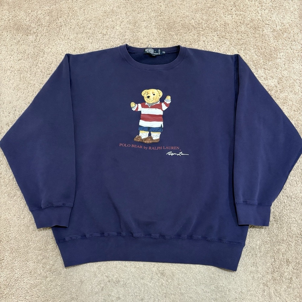 Vintage 90s Polo Ralph Lauren Preppy Bear Crewneck Men's 2XL Navy Sweatshirt